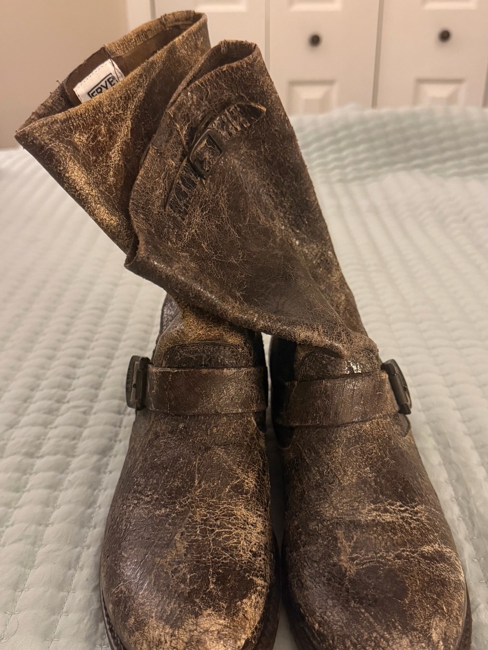 Frye Distressed Brown Leather Mid-Calf Combat Boots